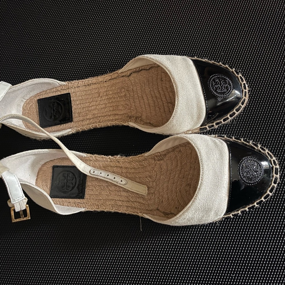 Tory Burch Black and Cream Espadrille Flats